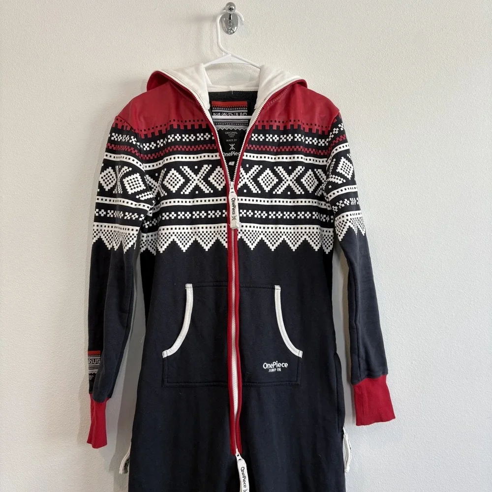 OnePiece Marius Jump In Grey Navy Nordic Fair Isle Hooded Jumpsuit Small Lounge